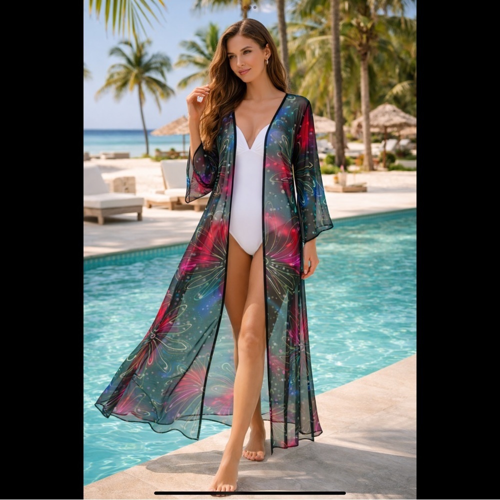 Metro Style Sheer Chiffon Swim Cover-Up Duster Size XL